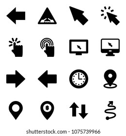Solid vector icon set - left arrow vector, drawbridge road sign, cursor, hand touch, monitor, right, time, map pin, atm, up down arrows, trip