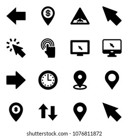 Solid vector icon set - left arrow vector, dollar pin, drawbridge road sign, cursor, hand, monitor, right, time, map, atm, up down arrows, navigation