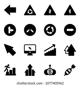 Solid Vector Icon Set - Left Arrow Vector, Round Motion Road Sign, Intersection, Only Forward Right, Detour, Circle, Cursor, Monitor, Growth, Up, Career, Arrows, Dollar, Dart