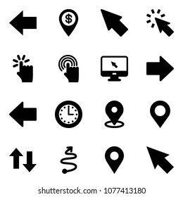 Solid vector icon set - left arrow vector, dollar pin, cursor, hand touch, monitor, right, time, map, up down arrows, trip, navigation