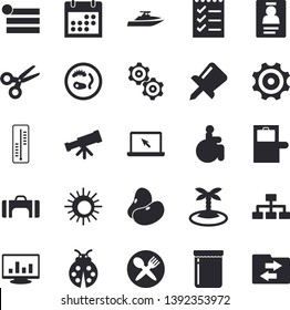 Solid vector icon set - legumes flat vector, jam, thermometer, ladybird, cogwheel, disabled, calendar, drawing pin, computer chart, badge, to do list, laptop, telescope, Petri dish, classification