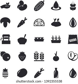Solid vector icon set - legumes flat vector, lemon, mushroom, porridge, coffee beans, onion, cucumber, cranberry, Strawberry, pineapple, ear, seeds, well, carrot, seedlings, planting plants, drop