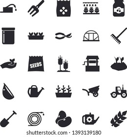 Solid vector icon set - legumes flat vector, garlic, jam, seeds, ear, well, tractor, sprinkling machine, pitchfork, shovel, hose, secateurs, seedlings, rake, watering can, planting plants