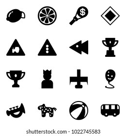 Solid vector icon set - lemon vector, slice, money torch, main road sign, tractor way, traffic light, fast backward, win cup, gold, king, milling cutter, balloon smile, horn toy, horse, beach ball