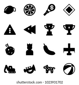 Solid vector icon set - lemon vector, slice, money torch, main road sign, traffic light, fast backward, win cup, gold, moon flag, king, banana, milling cutter, excavator toy, horn, horse, beach ball