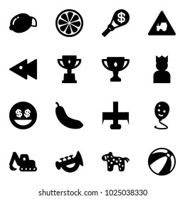 Solid vector icon set - lemon vector, slice, money torch, tractor way road sign, fast backward, win cup, gold, king, smile, banana, milling cutter, balloon, excavator toy, horn, horse, beach ball