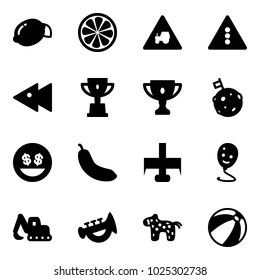 Solid vector icon set - lemon vector, slice, tractor way road sign, traffic light, fast backward, win cup, gold, moon flag, money smile, banana, milling cutter, balloon, excavator toy, horn, horse