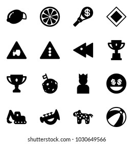 Solid vector icon set - lemon vector, slice, money torch, main road sign, tractor way, traffic light, fast backward, win cup, gold, moon flag, king, smile, excavator toy, horn, horse, beach ball