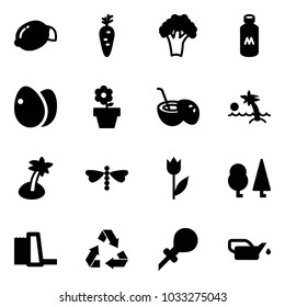 Solid vector icon set - lemon vector, carrot, broccoli, milk, eggs, flower pot, coconut cocktail, palm, dragonfly, tulip, forest, water power plant, recycling, oiler