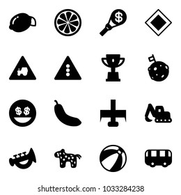 Solid vector icon set - lemon vector, slice, money torch, main road sign, tractor way, traffic light, win cup, moon flag, smile, banana, milling cutter, excavator toy, horn, horse, beach ball, bus