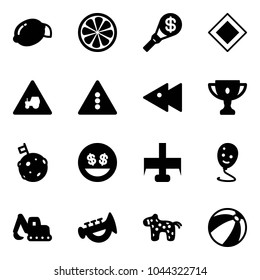 Solid vector icon set - lemon vector, slice, money torch, main road sign, tractor way, traffic light, fast backward, gold cup, moon flag, smile, milling cutter, balloon, excavator toy, horn, horse