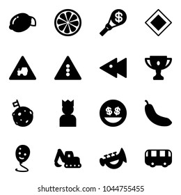 Solid vector icon set - lemon vector, slice, money torch, main road sign, tractor way, traffic light, fast backward, gold cup, moon flag, king, smile, banana, balloon, excavator toy, horn, bus