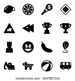 Solid vector icon set - lemon vector, slice, money torch, main road sign, tractor way, fast backward, win cup, gold, king, smile, banana, balloon, excavator toy, horse, beach ball, bus