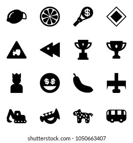 Solid vector icon set - lemon vector, slice, money torch, main road sign, tractor way, fast backward, win cup, gold, king, smile, banana, milling cutter, excavator toy, horn, horse, bus