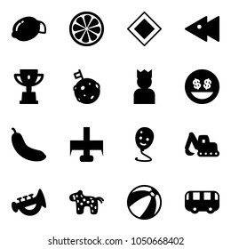 Solid vector icon set - lemon vector, slice, main road sign, fast backward, win cup, moon flag, king, money smile, banana, milling cutter, balloon, excavator toy, horn, horse, beach ball, bus