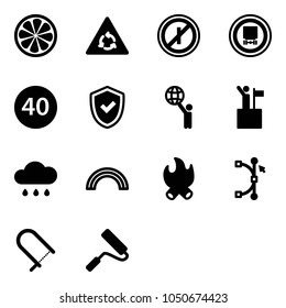 Solid vector icon set - lemon slice vector, round motion road sign, no parkin odd, dangerous cargo, minimal speed limit, shield check, world, win, rain cloud, rainbow, fire, bezier, fretsaw