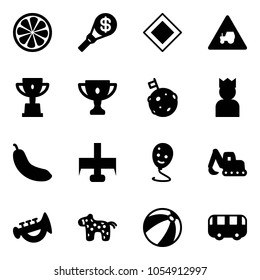 Solid vector icon set - lemon slice vector, money torch, main road sign, tractor way, win cup, gold, moon flag, king, banana, milling cutter, balloon smile, excavator toy, horn, horse, beach ball