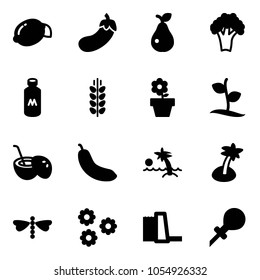 Solid vector icon set - lemon vector, eggplant, pear, broccoli, milk, spice, flower pot, sprout, coconut cocktail, banana, palm, dragonfly, water power plant, oiler