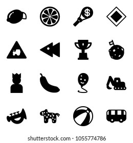 Solid vector icon set - lemon vector, slice, money torch, main road sign, tractor way, fast backward, win cup, moon flag, king, banana, balloon smile, excavator toy, horn, horse, beach ball, bus