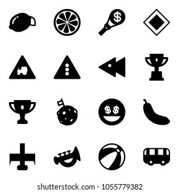 Solid vector icon set - lemon vector, slice, money torch, main road sign, tractor way, traffic light, fast backward, win cup, gold, moon flag, smile, banana, milling cutter, horn toy, beach ball