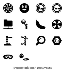 Solid vector icon set - lemon slice vector, dollar smile, no trailer road sign, cart horse, network folder, world, banana, parasol, lighthouse, bezier, magnifier, nut, protective glasses