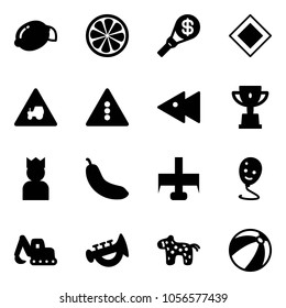 Solid vector icon set - lemon vector, slice, money torch, main road sign, tractor way, traffic light, fast backward, win cup, king, banana, milling cutter, balloon smile, excavator toy, horn, horse