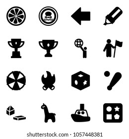 Solid vector icon set - lemon slice vector, no dangerous cargo road sign, left arrow, highlight marker, win cup, gold, world, parasol, fire, cube toy, baseball bat, constructor blocks, giraffe, boat