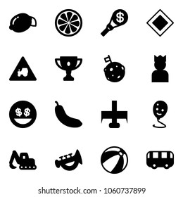 Solid vector icon set - lemon vector, slice, money torch, main road sign, tractor way, gold cup, moon flag, king, smile, banana, milling cutter, balloon, excavator toy, horn, beach ball, bus