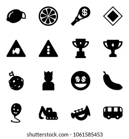 Solid vector icon set - lemon vector, slice, money torch, main road sign, tractor way, traffic light, win cup, gold, moon flag, king, smile, banana, balloon, excavator toy, horn, bus