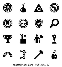 Solid vector icon set - lemon slice vector, onion, round motion road sign, no left turn, dangerous cargo, cart horse, shield check, magnifier, gold cup, win, pennant, rainbow, bezier, sledgehammer