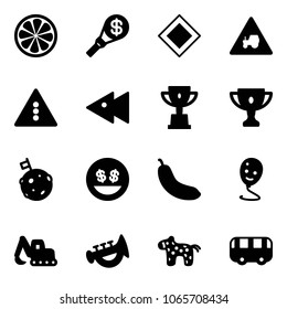 Solid vector icon set - lemon slice vector, money torch, main road sign, tractor way, traffic light, fast backward, win cup, gold, moon flag, smile, banana, balloon, excavator toy, horn, horse, bus