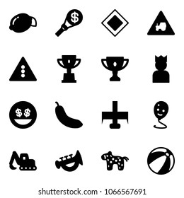 Solid vector icon set - lemon vector, money torch, main road sign, tractor way, traffic light, win cup, gold, king, smile, banana, milling cutter, balloon, excavator toy, horn, horse, beach ball