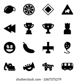 Solid vector icon set - lemon vector, slice, main road sign, tractor way, fast backward, win cup, gold, king, money smile, banana, milling cutter, balloon, excavator toy, horn, horse, bus