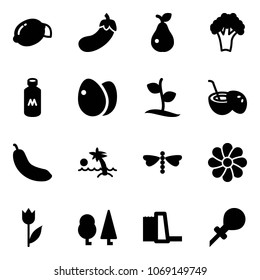 Solid vector icon set - lemon vector, eggplant, pear, broccoli, milk, eggs, sproute, coconut cocktail, banana, palm, dragonfly, flower, tulip, forest, water power plant, oiler