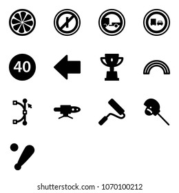 Solid vector icon set - lemon slice vector, no parkin odd, trailer road sign, truck overtake, minimal speed limit, left arrow, win cup, rainbow, bezier, pipe welding, paint roller, horse stick toy