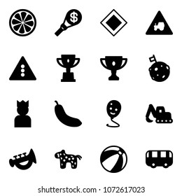 Solid vector icon set - lemon slice vector, money torch, main road sign, tractor way, traffic light, win cup, gold, moon flag, king, banana, balloon smile, excavator toy, horn, horse, beach ball