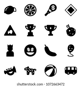 Solid vector icon set - lemon vector, slice, money torch, main road sign, tractor way, win cup, gold, moon flag, king, smile, banana, balloon, horn toy, horse, beach ball, bus
