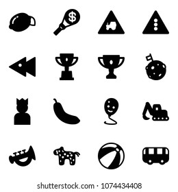 Solid vector icon set - lemon vector, money torch, tractor way road sign, traffic light, fast backward, win cup, gold, moon flag, king, banana, balloon smile, excavator toy, horn, horse, beach ball