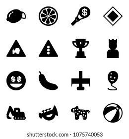 Solid vector icon set - lemon vector, slice, money torch, main road sign, tractor way, traffic light, win cup, king, smile, banana, milling cutter, balloon, excavator toy, horn, horse, beach ball