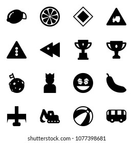 Solid vector icon set - lemon vector, slice, main road sign, tractor way, traffic light, fast backward, win cup, gold, moon flag, king, money smile, banana, milling cutter, excavator toy, beach ball