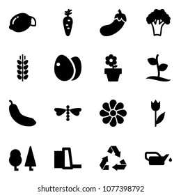 Solid vector icon set - lemon vector, carrot, eggplant, broccoli, spica, eggs, flower pot, sproute, banana, dragonfly, tulip, forest, water power plant, recycling, oiler