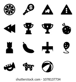 Solid vector icon set - lemon slice vector, money torch, tractor way road sign, traffic light, fast backward, win cup, gold, moon flag, king, banana, milling cutter, balloon smile, horn toy, horse