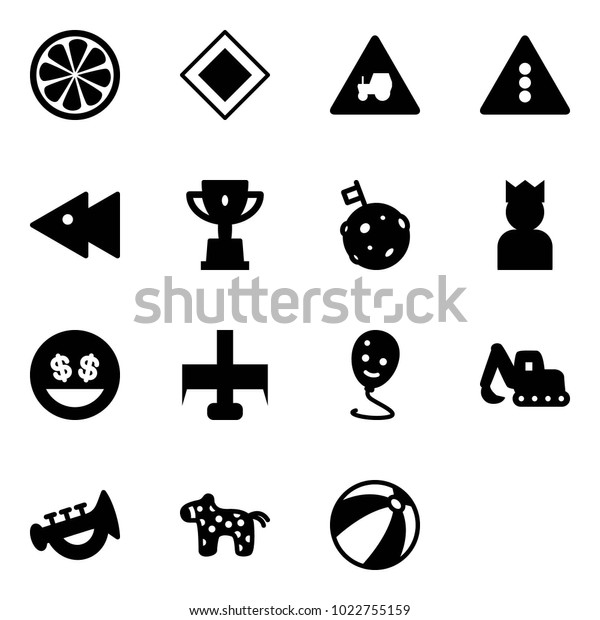 Solid vector icon set - lemon slice vector, main
road sign, tractor way, traffic light, fast backward, win cup, moon
flag, king, money smile, milling cutter, balloon, excavator toy,
horn, horse