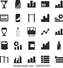 Solid vector icon set - lemonade flat vector, wine, cocktail, whiskey, glass bottles, chart, statistics, scatter, barcode, statistic, achievement, vitamins, parallel bars, proteins, steroids, menu