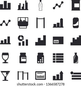 Solid vector icon set - lemonade flat vector, wine, cocktail, whiskey, glass bottles, chart, statistics, scatter, barcode, statistic, achievement, vitamins, parallel bars, proteins, menu