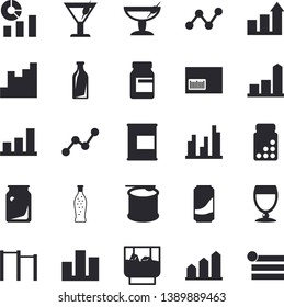Solid vector icon set - lemonade flat vector, wine, cocktail, whiskey, glass bottles, chart, statistics, scatter, barcode, statistic, achievement, vitamins, parallel bars, proteins, steroids, fector