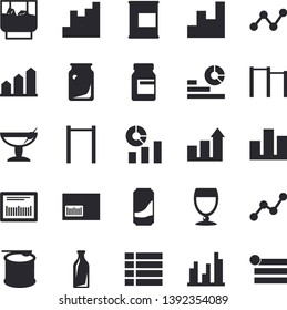 Solid vector icon set - lemonade flat vector, wine, whiskey, glass bottles, chart, statistics, scatter, barcode, statistic, achievement, vitamins, parallel bars, proteins, steroids, cocktail fector