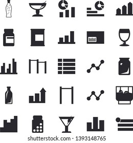 Solid vector icon set - lemonade flat vector, wine, cocktail, whiskey, glass bottles, chart, statistics, scatter, barcode, statistic, achievement, vitamins, parallel bars, proteins, fector, menu