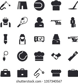 Solid vector icon set - level meter flat vector, construction plummet, cook hat, worker, welding, case, briefcase, helicopter, nurse, scalpel, phone operator, tie, agreement, businessman, fector