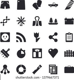 Solid vector icon set - level meter flat vector, sockets, putty knife, stationery, cutting board, pickup truck, fence, tulip, windmill, accumulator, forest, hierarchy, molecules, news, heart, dna